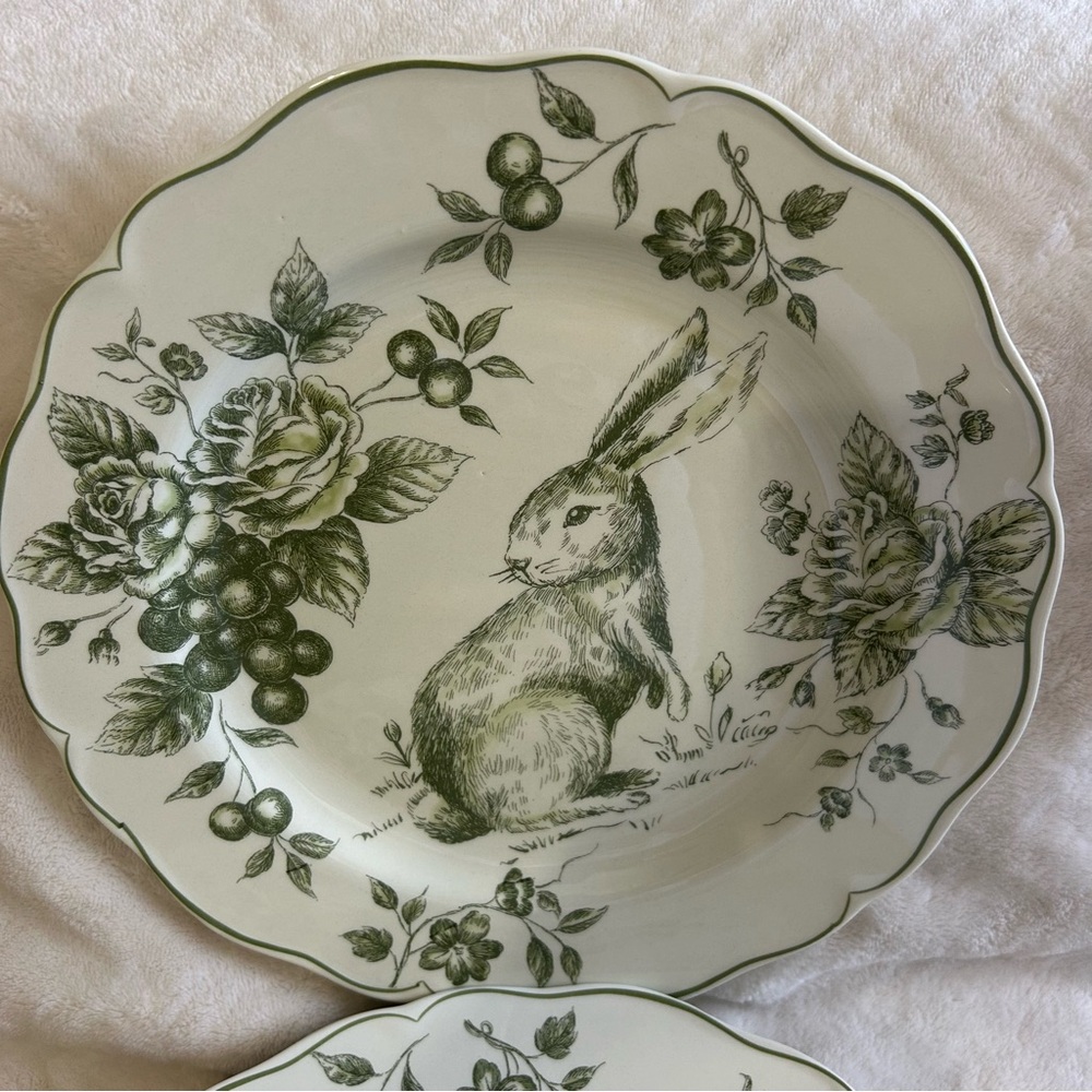 Maxcera Easter Bunny Green White Rose Toile Dinner Plates Set of 4 - NEW - Picture 3 of 4